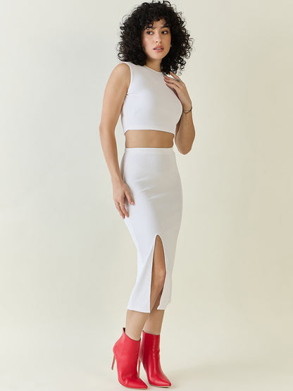 Textured Knit Crop Top and Slit Skirt Set