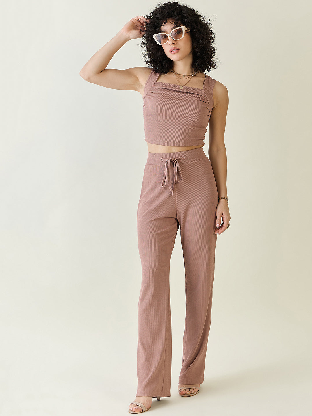 Textured Knit Square Neck Strap Co-ord Set
