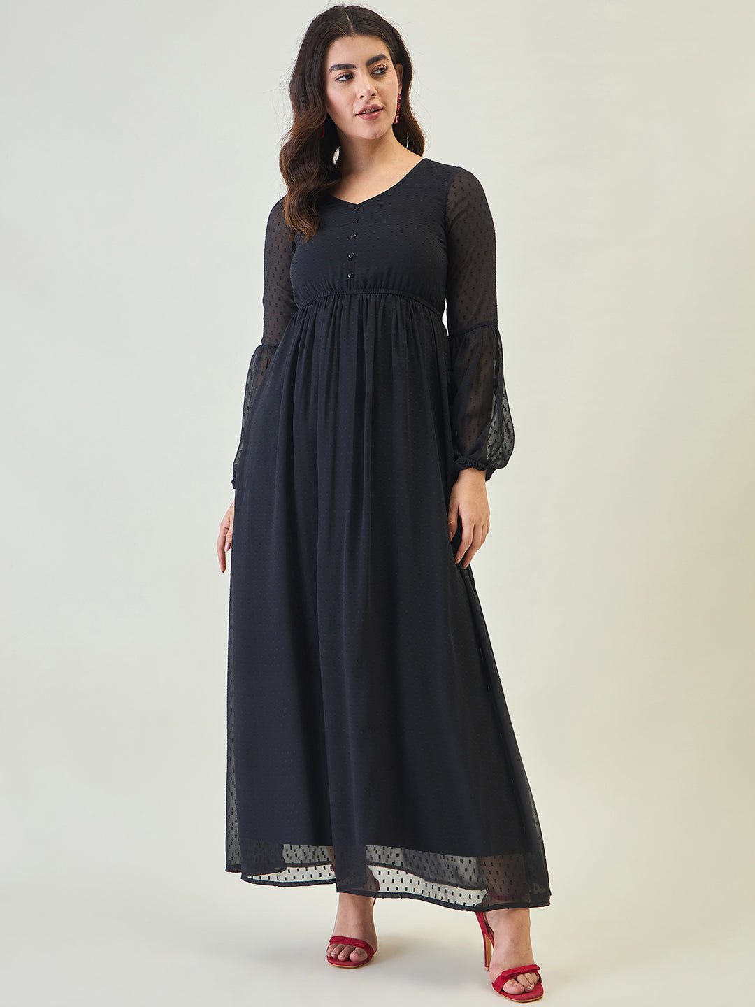 Textured Mesh Maxi Dress with Balloon Sleeves