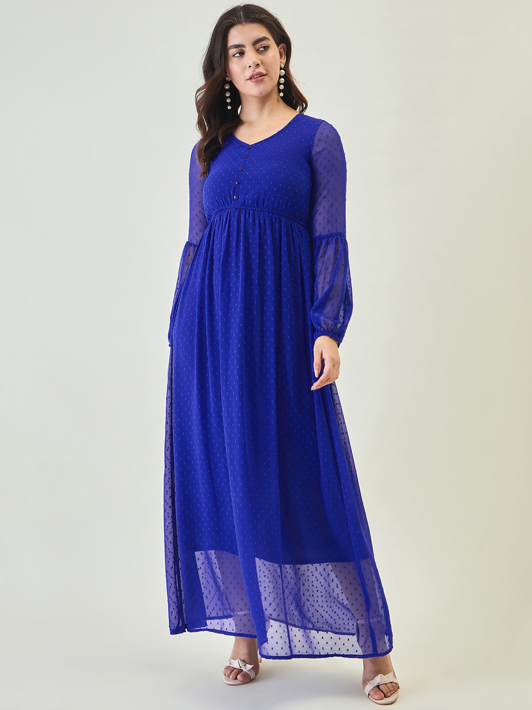 Textured Mesh Maxi Dress with Balloon Sleeves