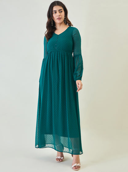 Textured Mesh Maxi Dress with Balloon Sleeves