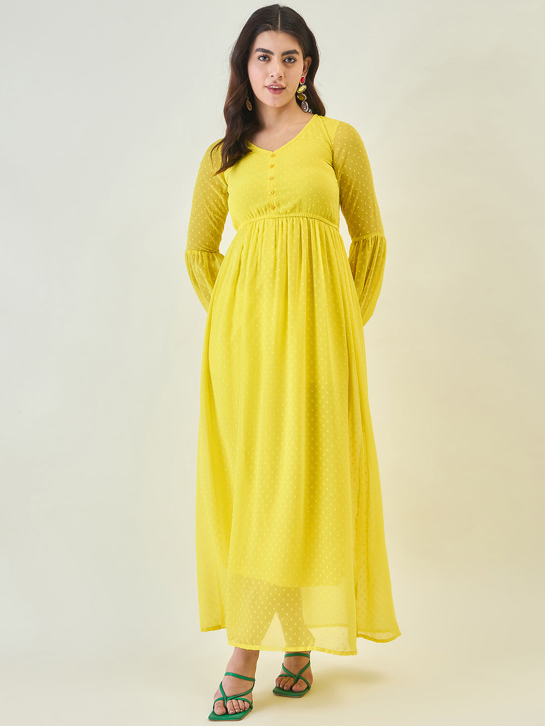 Textured Mesh Maxi Dress with Balloon Sleeves