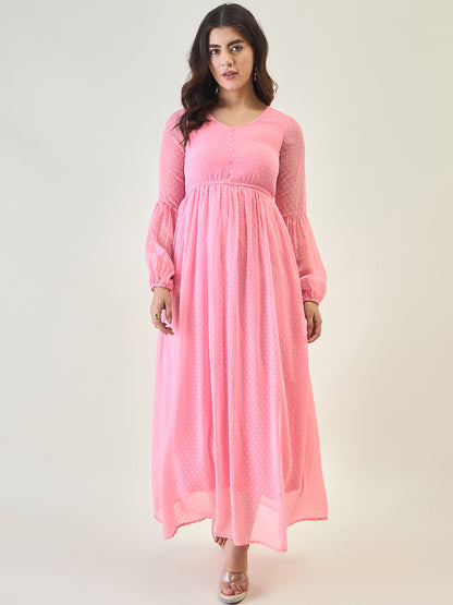 Textured Mesh Maxi Dress with Balloon Sleeves