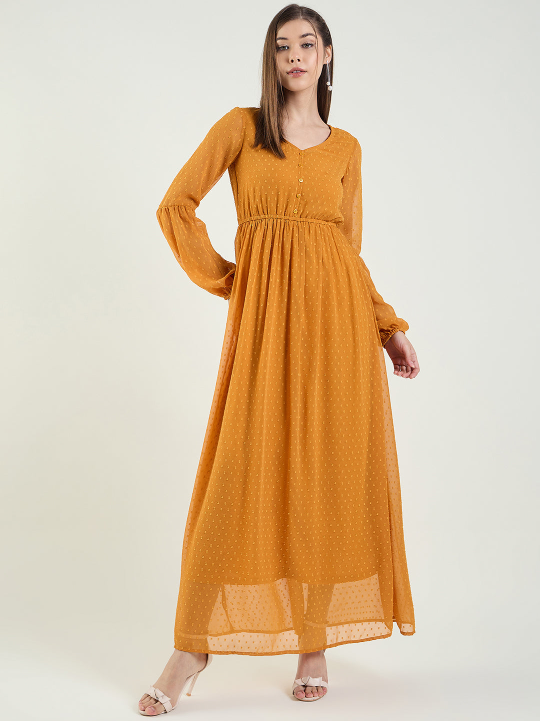 Textured Mesh Maxi Dress with Balloon Sleeves