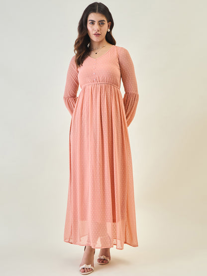 Textured Mesh Maxi Dress with Balloon Sleeves