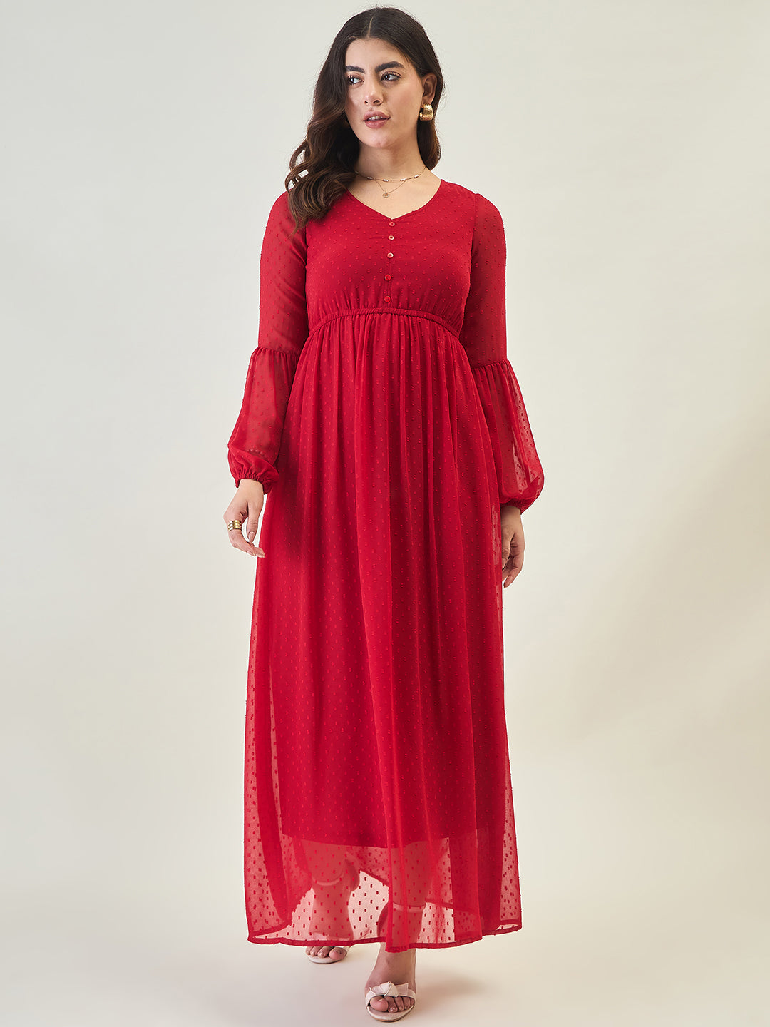 Textured Mesh Maxi Dress with Balloon Sleeves