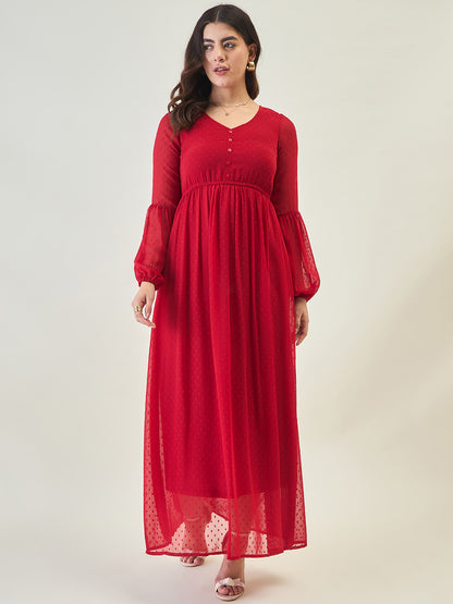 Textured Mesh Maxi Dress with Balloon Sleeves