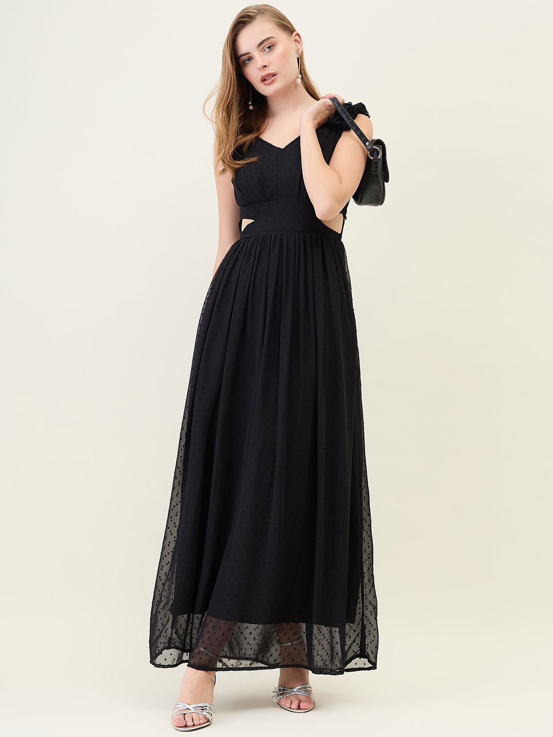 V-Neck Maxi Dress with Ruffle Shoulders and Cut-Outs