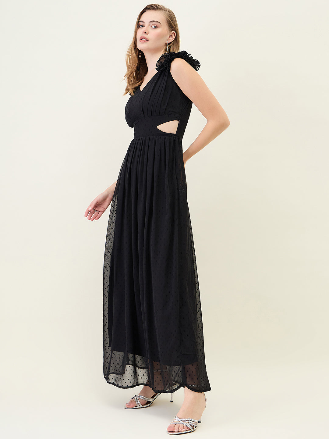 V-Neck Maxi Dress with Ruffle Shoulders and Cut-Outs