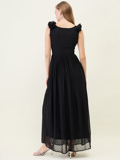 V-Neck Maxi Dress with Ruffle Shoulders and Cut-Outs