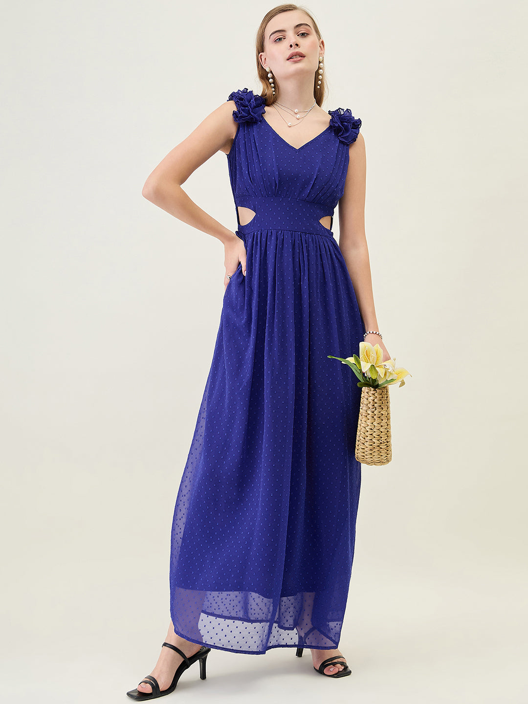 V-Neck Maxi Dress with Ruffle Shoulders and Cut-Outs