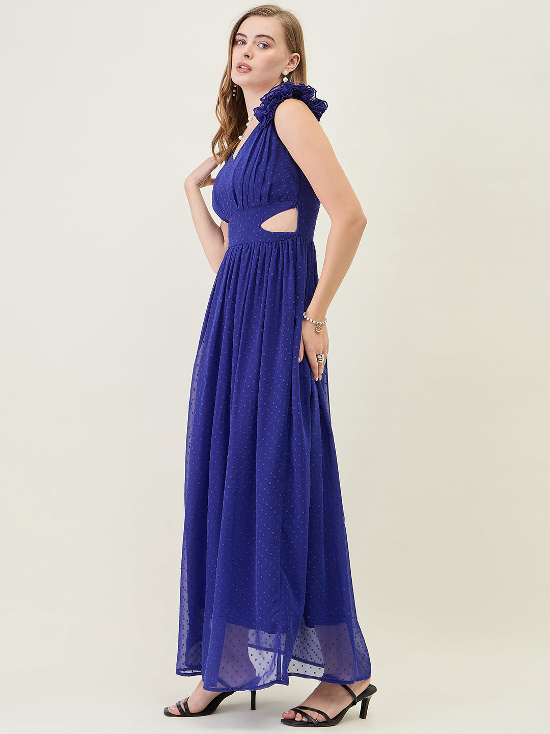 V-Neck Maxi Dress with Ruffle Shoulders and Cut-Outs