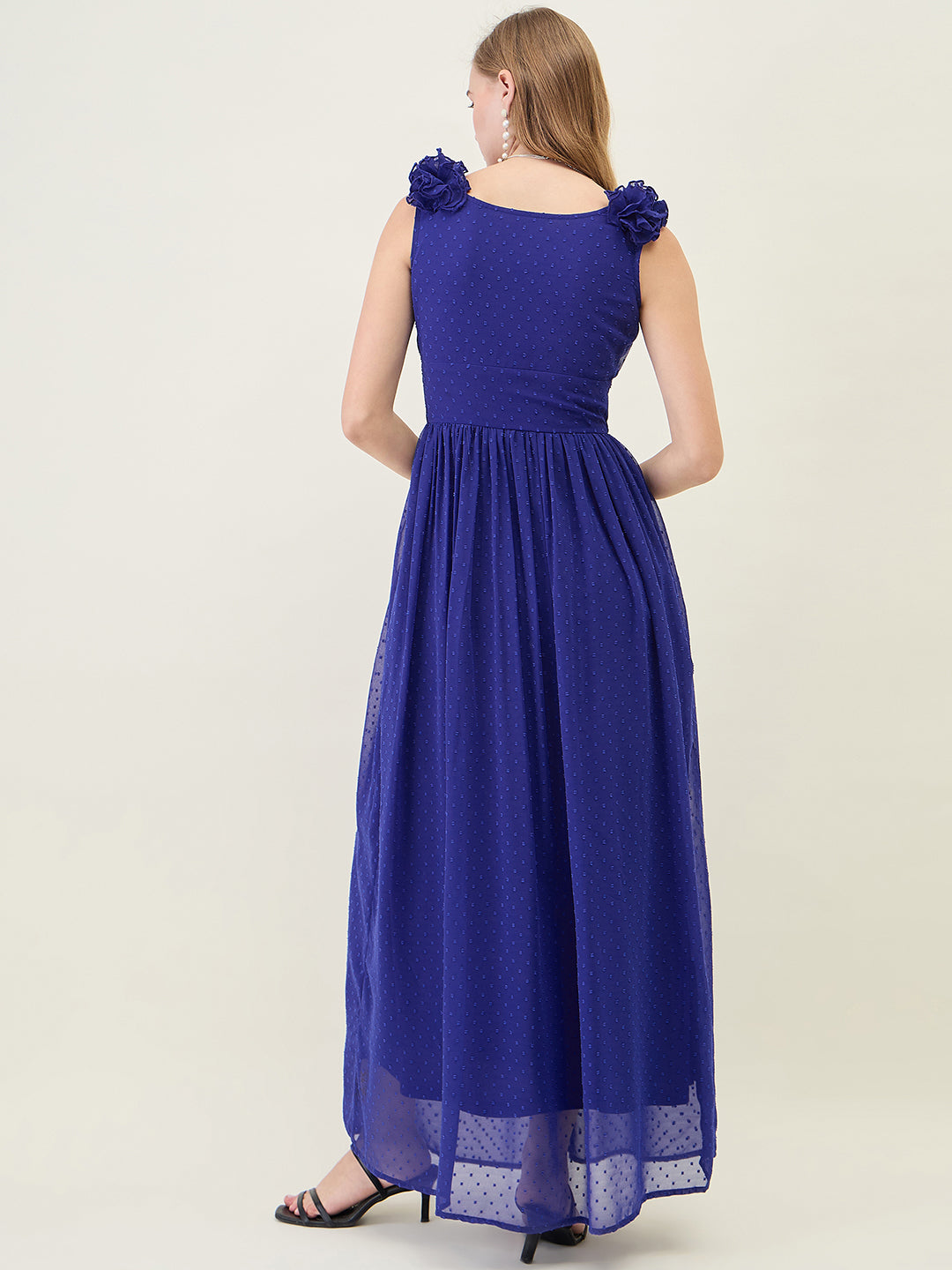 V-Neck Maxi Dress with Ruffle Shoulders and Cut-Outs