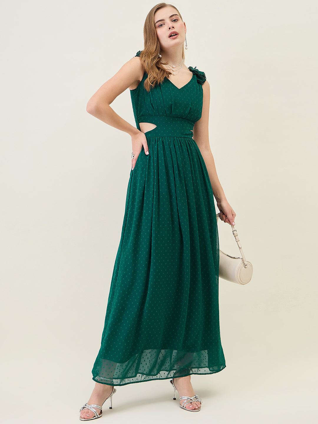 V-Neck Maxi Dress with Ruffle Shoulders and Cut-Outs