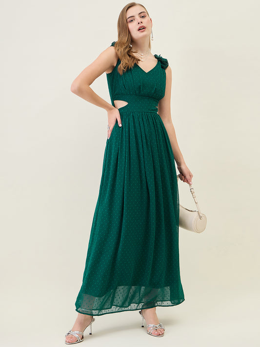 V-Neck Maxi Dress with Ruffle Shoulders and Cut-Outs