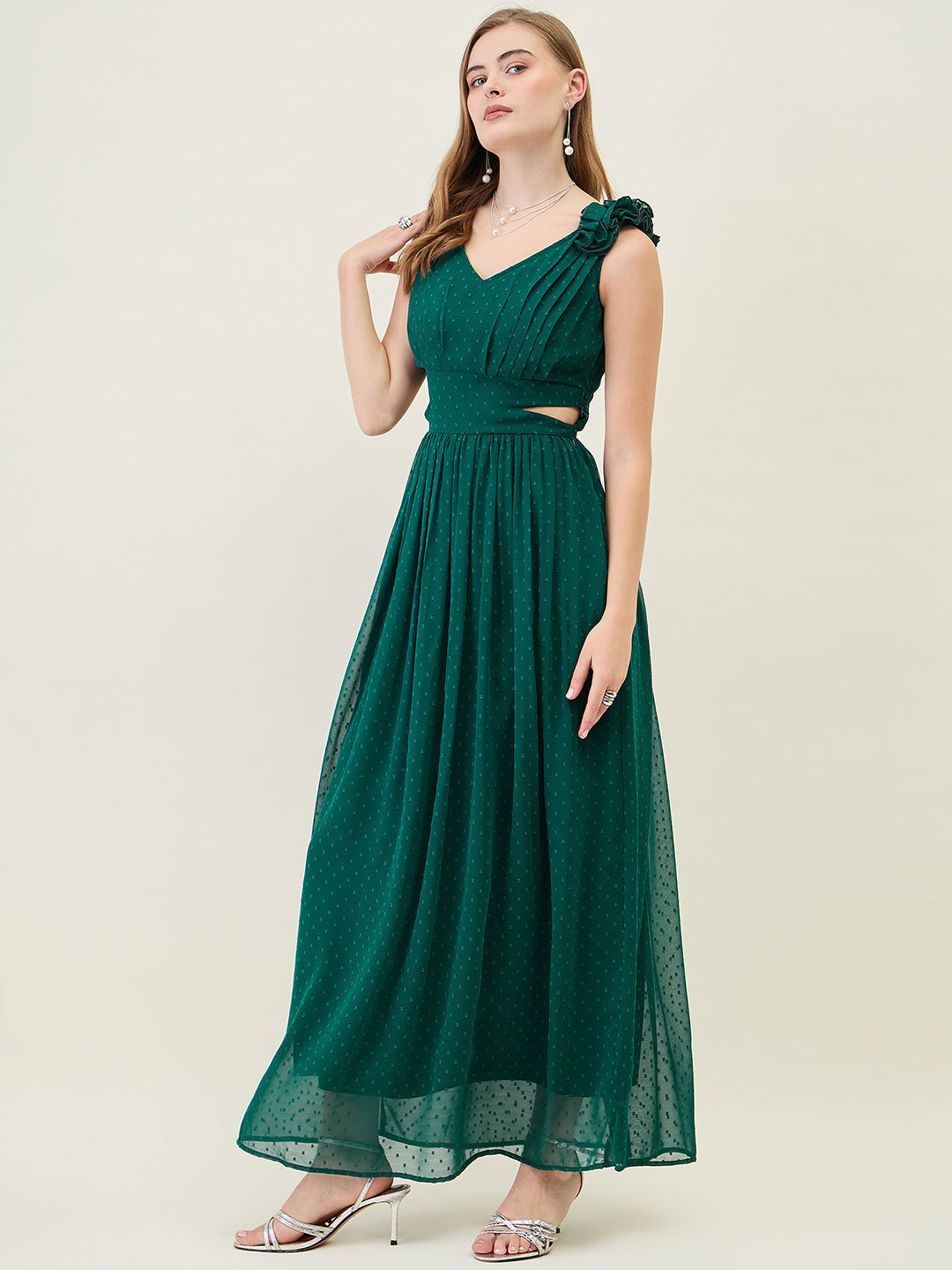 V-Neck Maxi Dress with Ruffle Shoulders and Cut-Outs