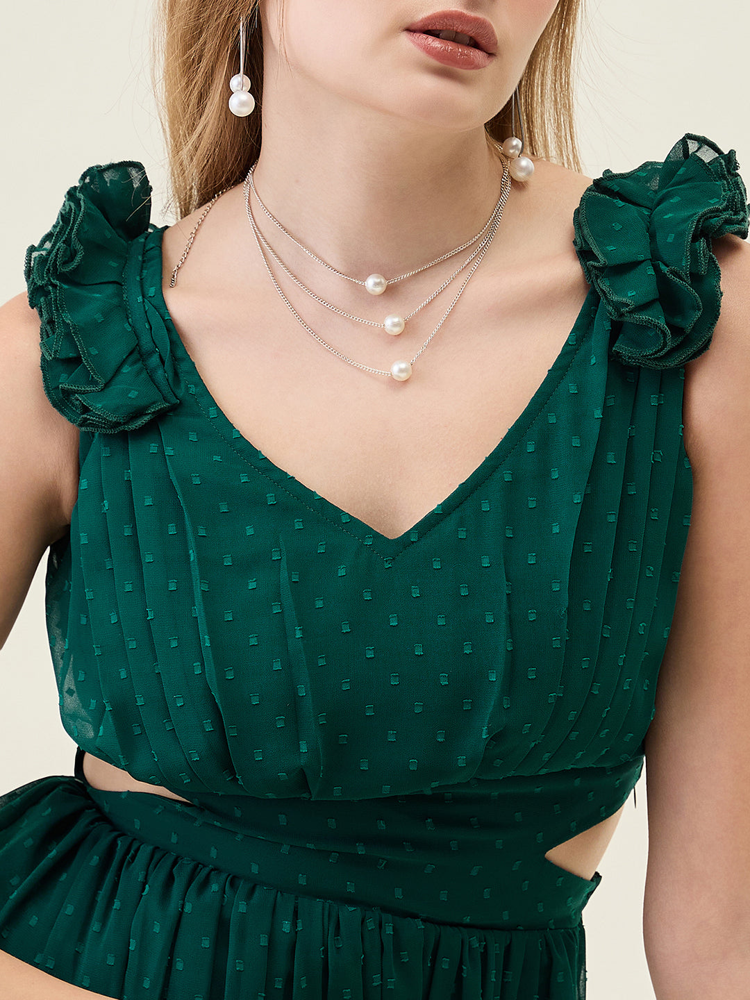 V-Neck Maxi Dress with Ruffle Shoulders and Cut-Outs