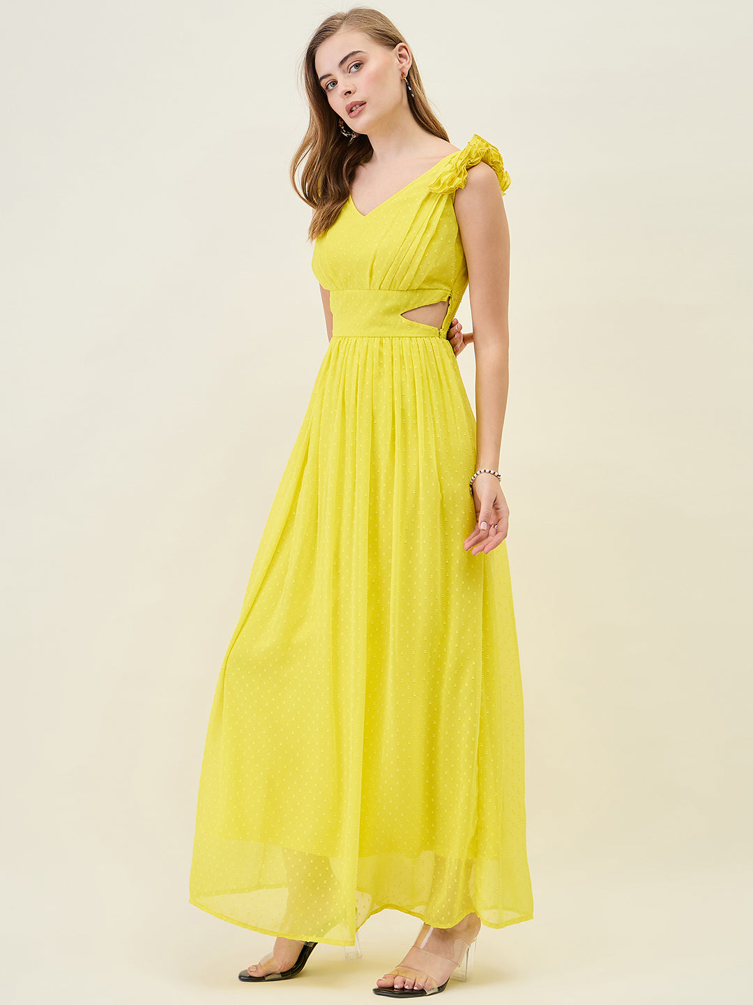 V-Neck Maxi Dress with Ruffle Shoulders and Cut-Outs