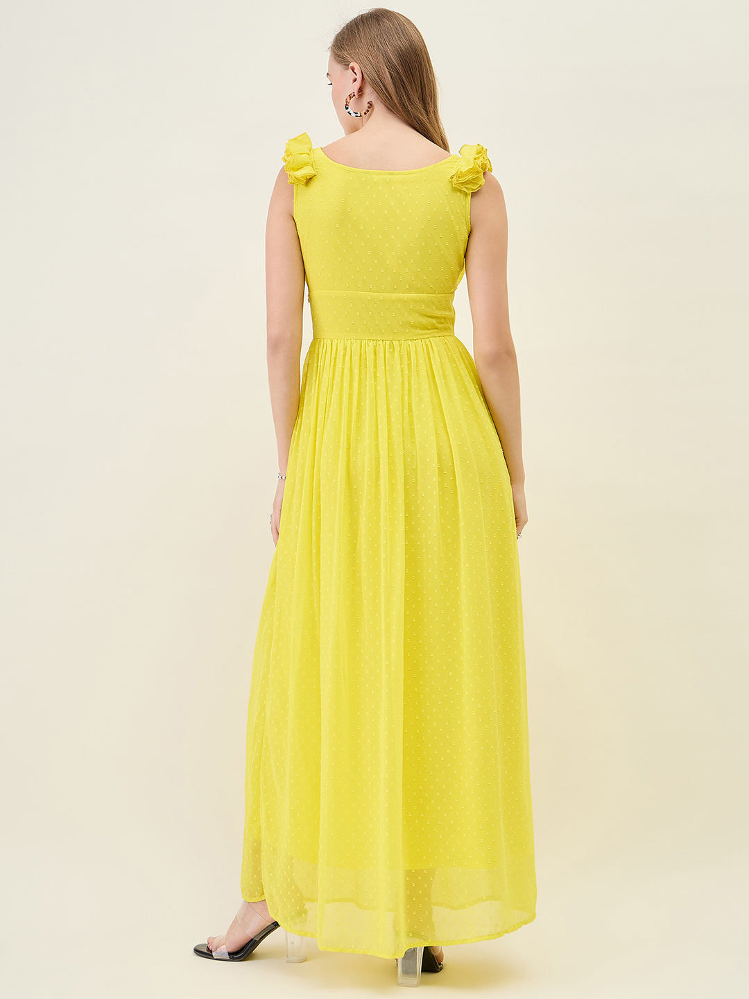V-Neck Maxi Dress with Ruffle Shoulders and Cut-Outs