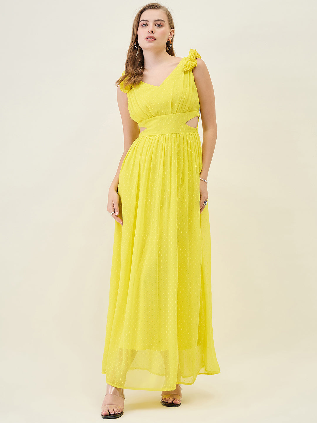 V-Neck Maxi Dress with Ruffle Shoulders and Cut-Outs