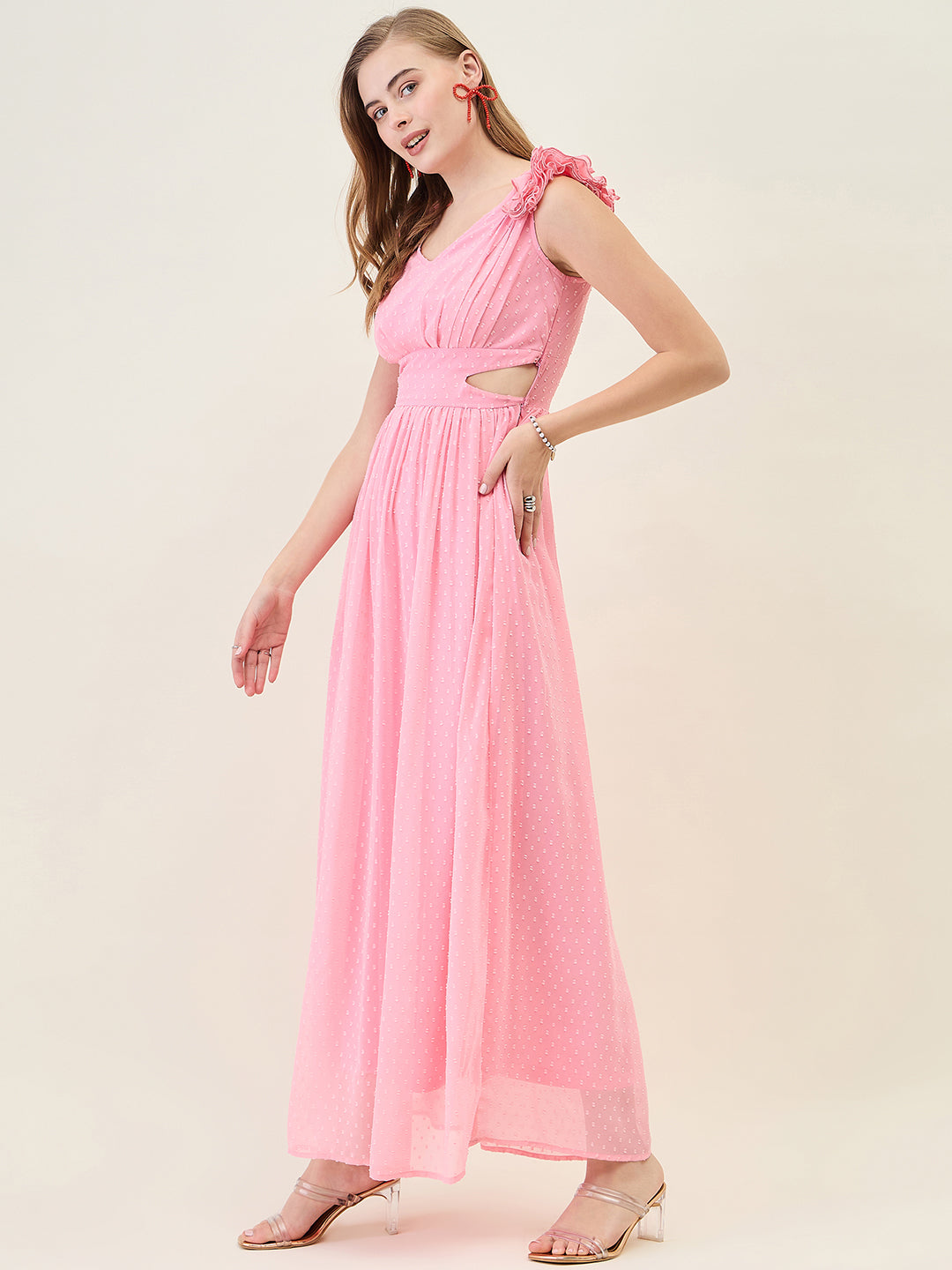 V-Neck Maxi Dress with Ruffle Shoulders and Cut-Outs