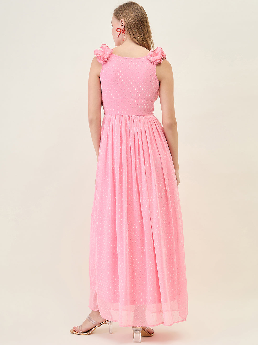 V-Neck Maxi Dress with Ruffle Shoulders and Cut-Outs