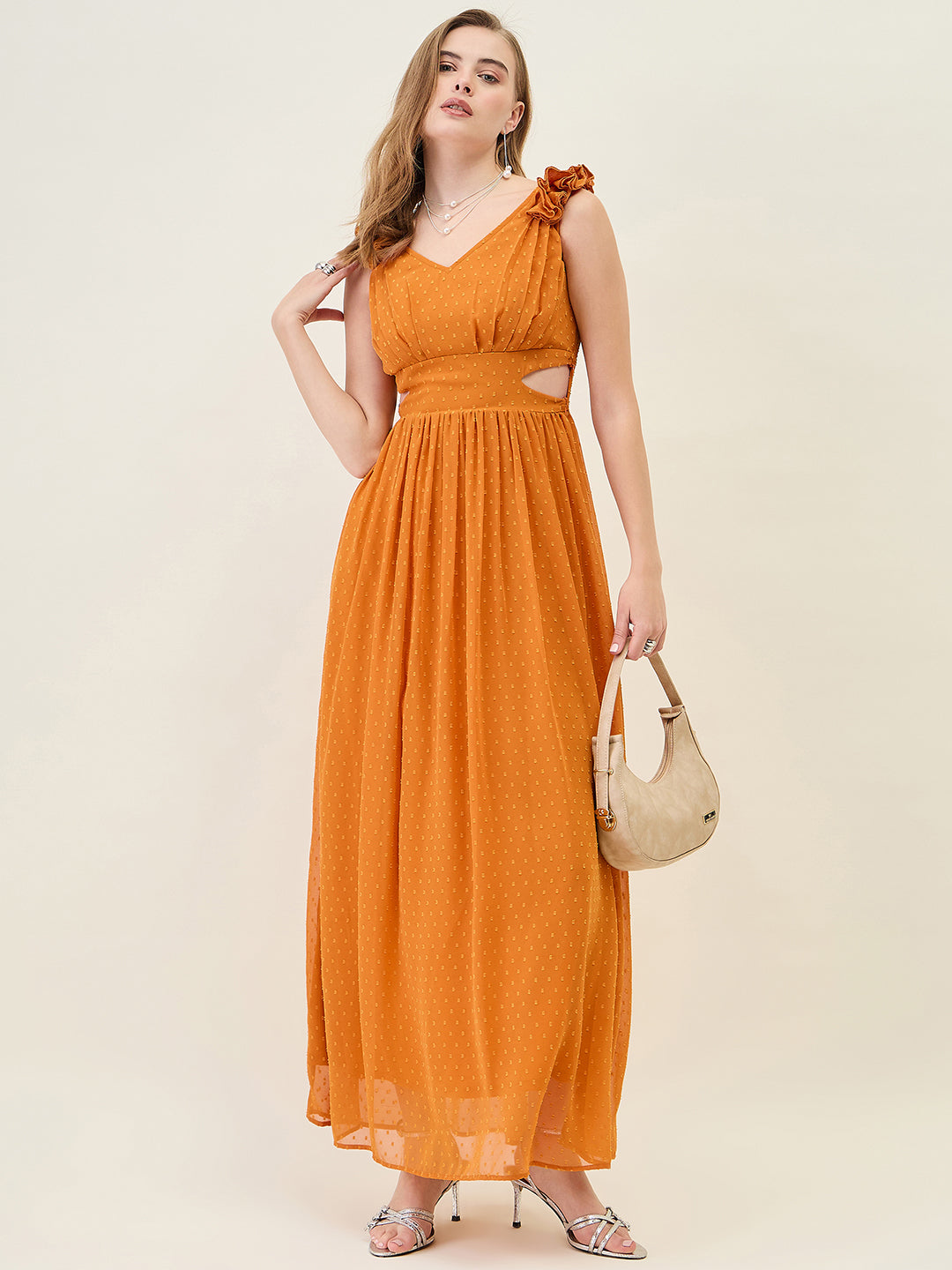 V-Neck Maxi Dress with Ruffle Shoulders and Cut-Outs