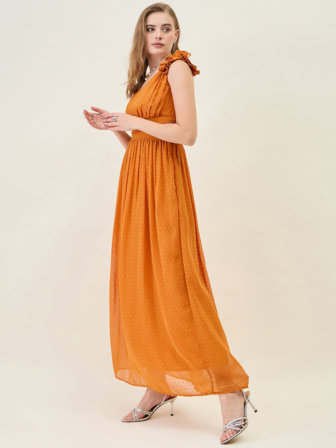V-Neck Maxi Dress with Ruffle Shoulders and Cut-Outs