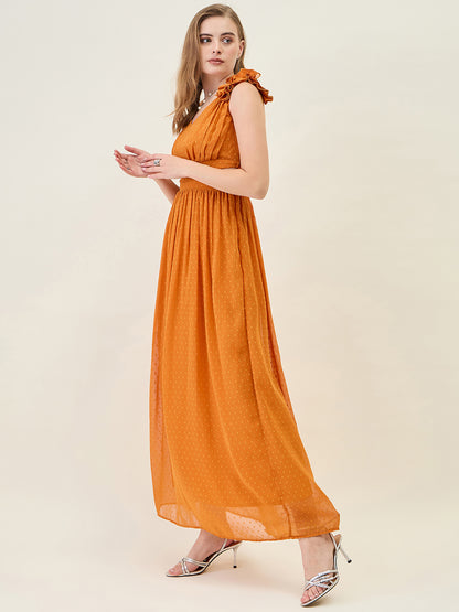 V-Neck Maxi Dress with Ruffle Shoulders and Cut-Outs