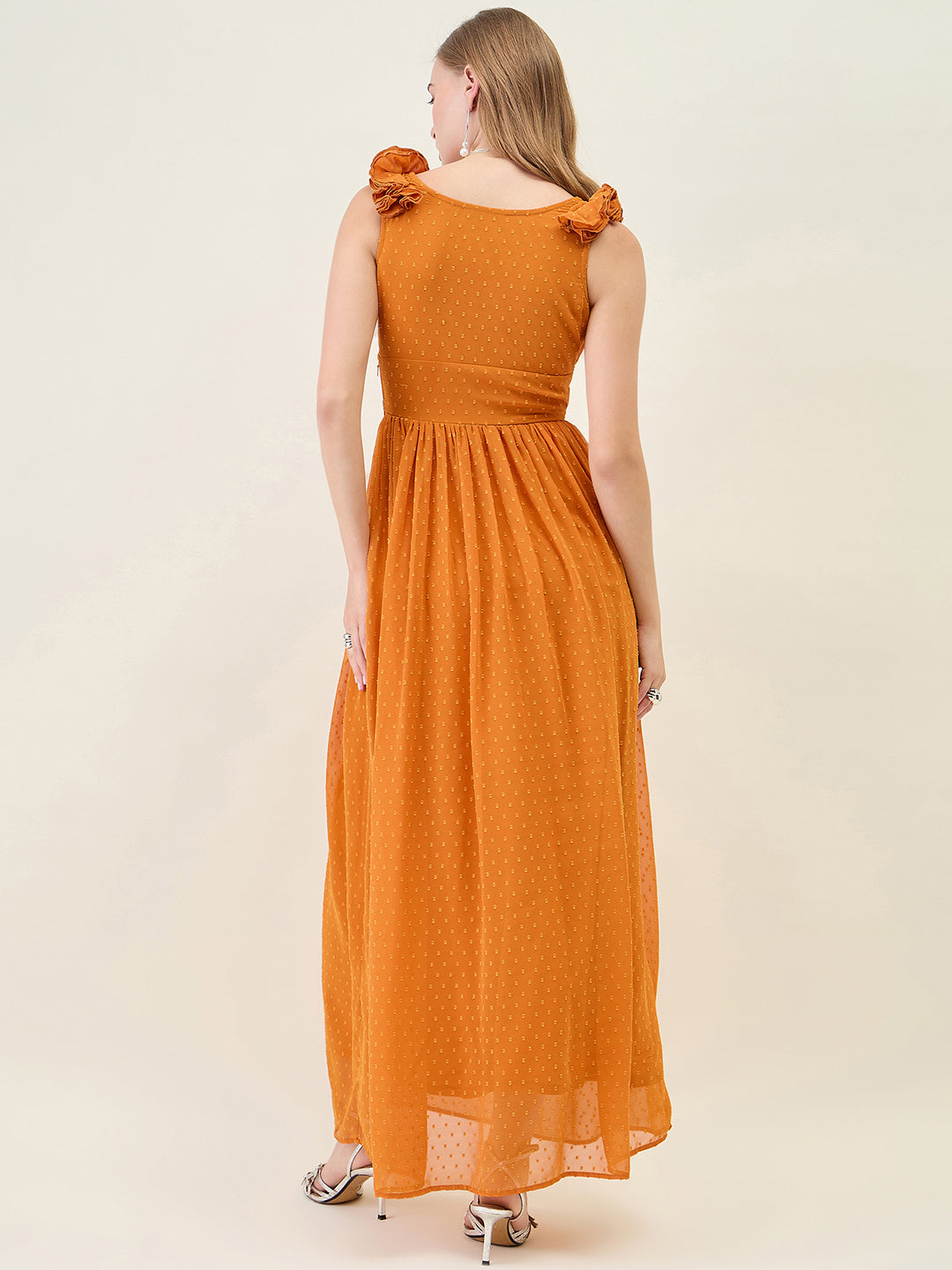 V-Neck Maxi Dress with Ruffle Shoulders and Cut-Outs