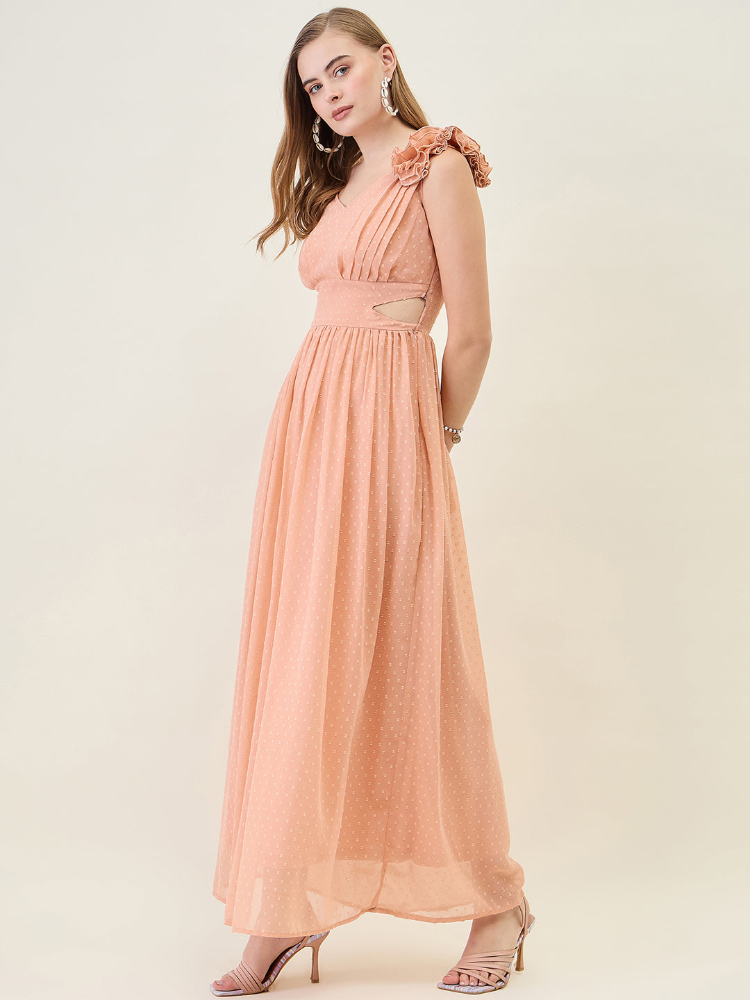 V-Neck Maxi Dress with Ruffle Shoulders and Cut-Outs