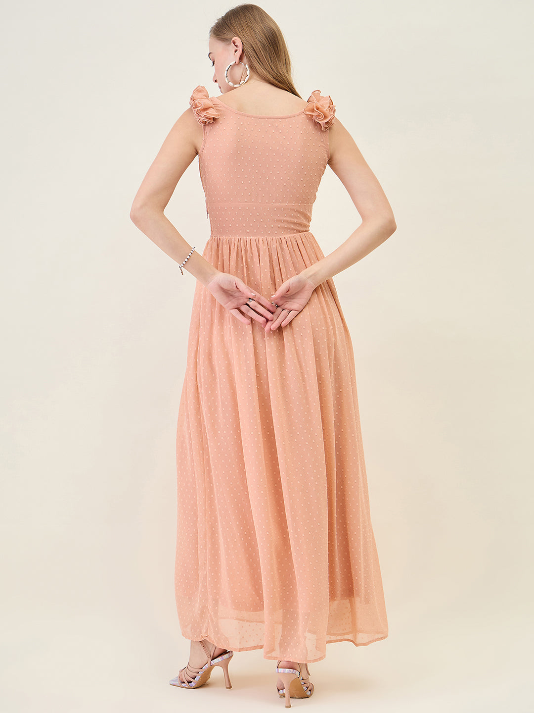 V-Neck Maxi Dress with Ruffle Shoulders and Cut-Outs