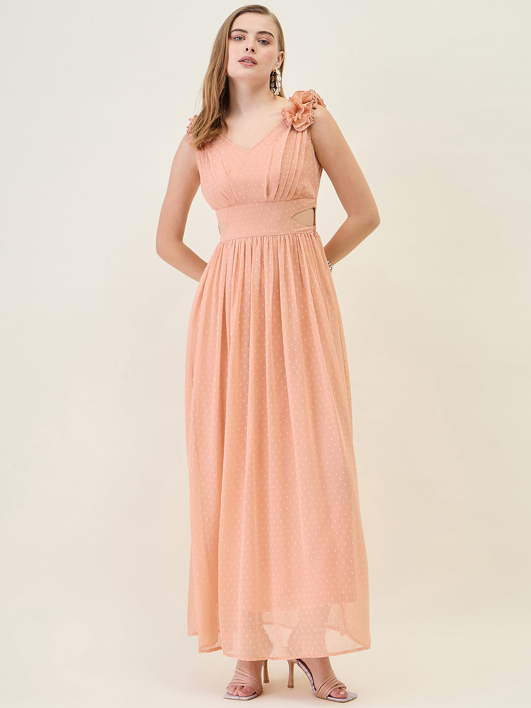 V-Neck Maxi Dress with Ruffle Shoulders and Cut-Outs