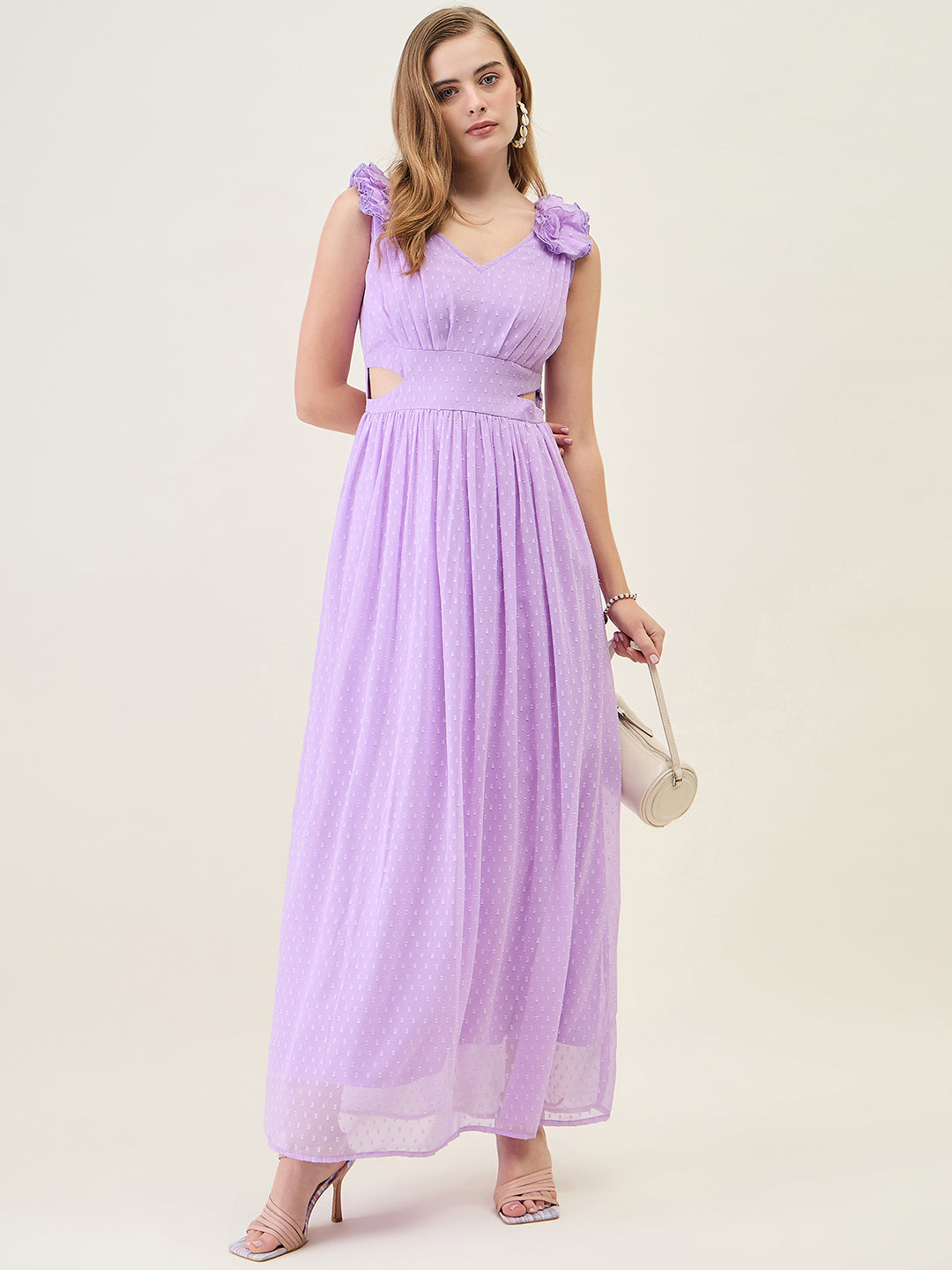 V-Neck Maxi Dress with Ruffle Shoulders and Cut-Outs