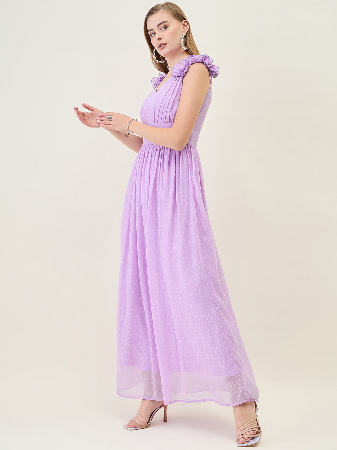 V-Neck Maxi Dress with Ruffle Shoulders and Cut-Outs