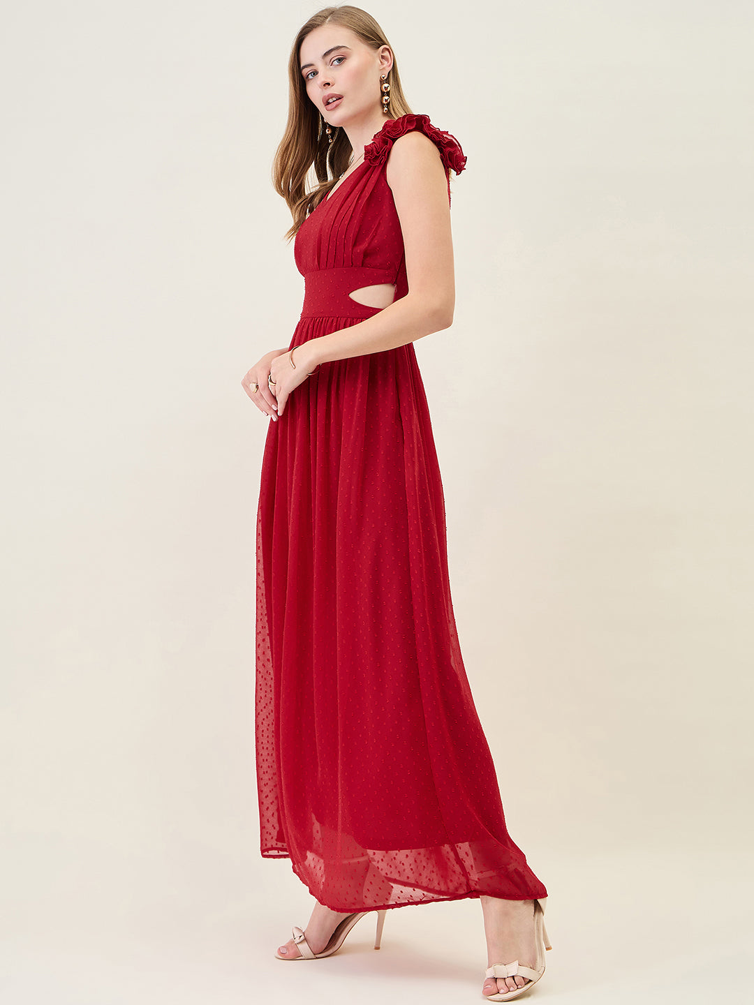 V-Neck Maxi Dress with Ruffle Shoulders and Cut-Outs