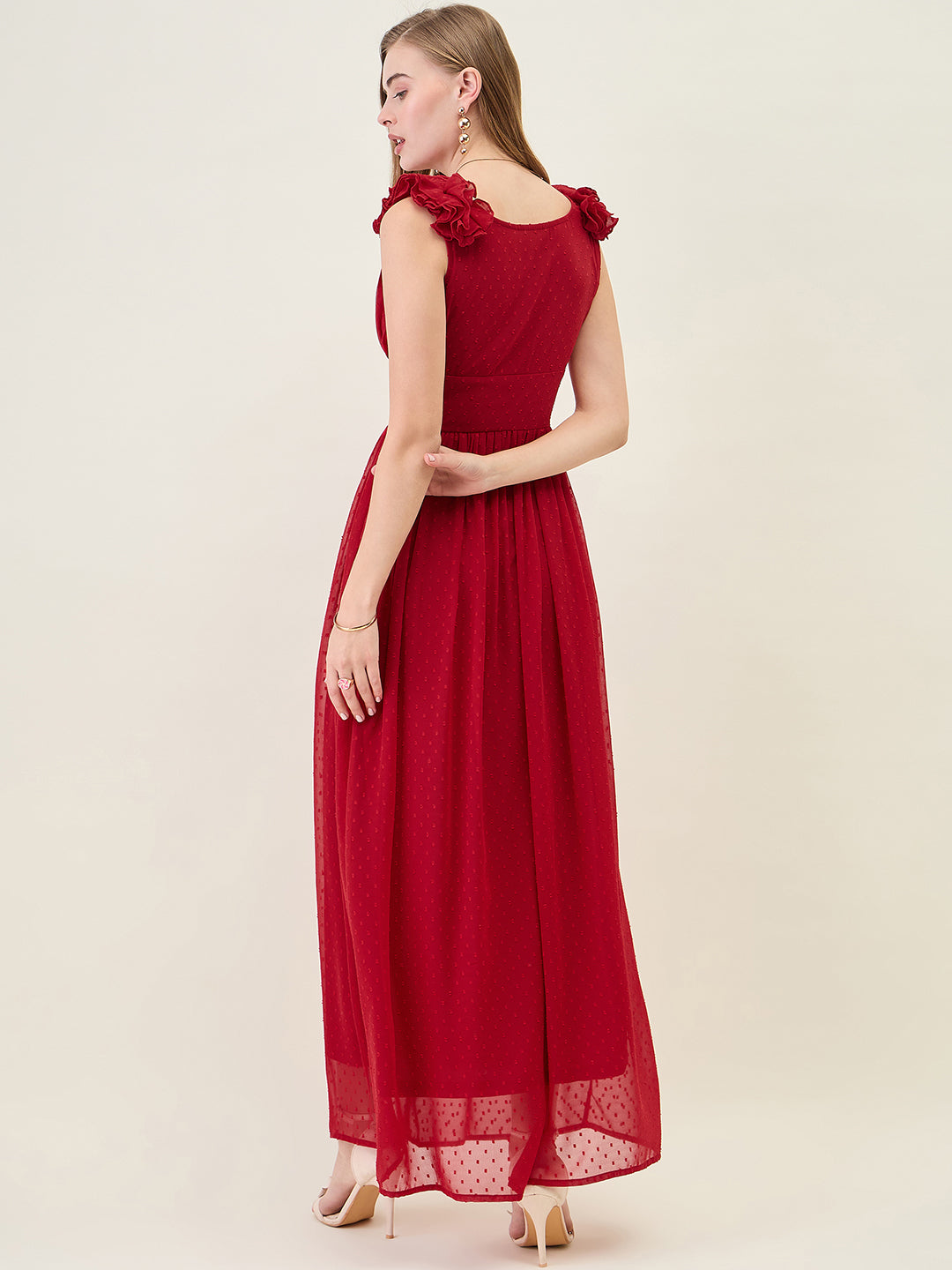 V-Neck Maxi Dress with Ruffle Shoulders and Cut-Outs