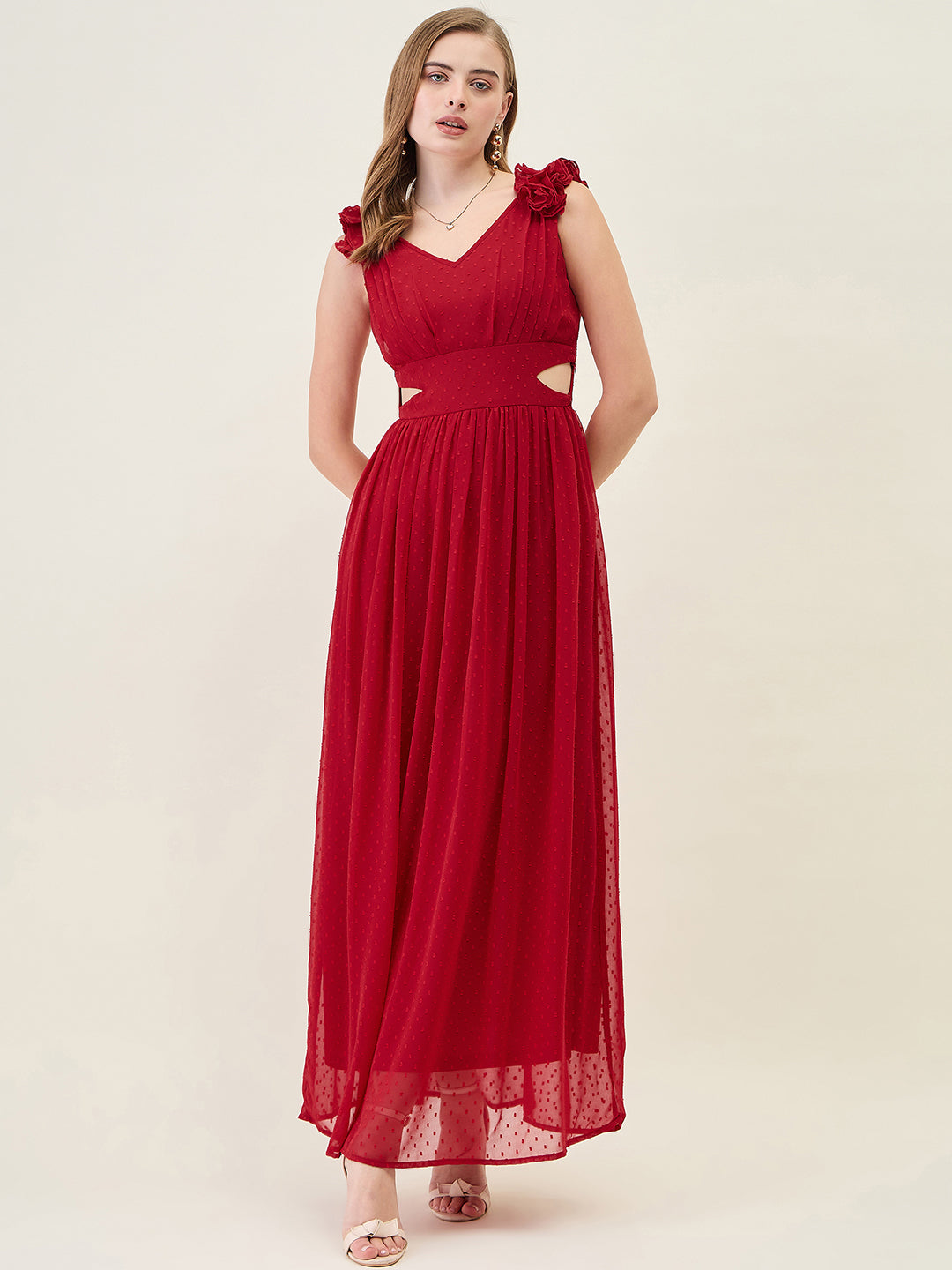 V-Neck Maxi Dress with Ruffle Shoulders and Cut-Outs