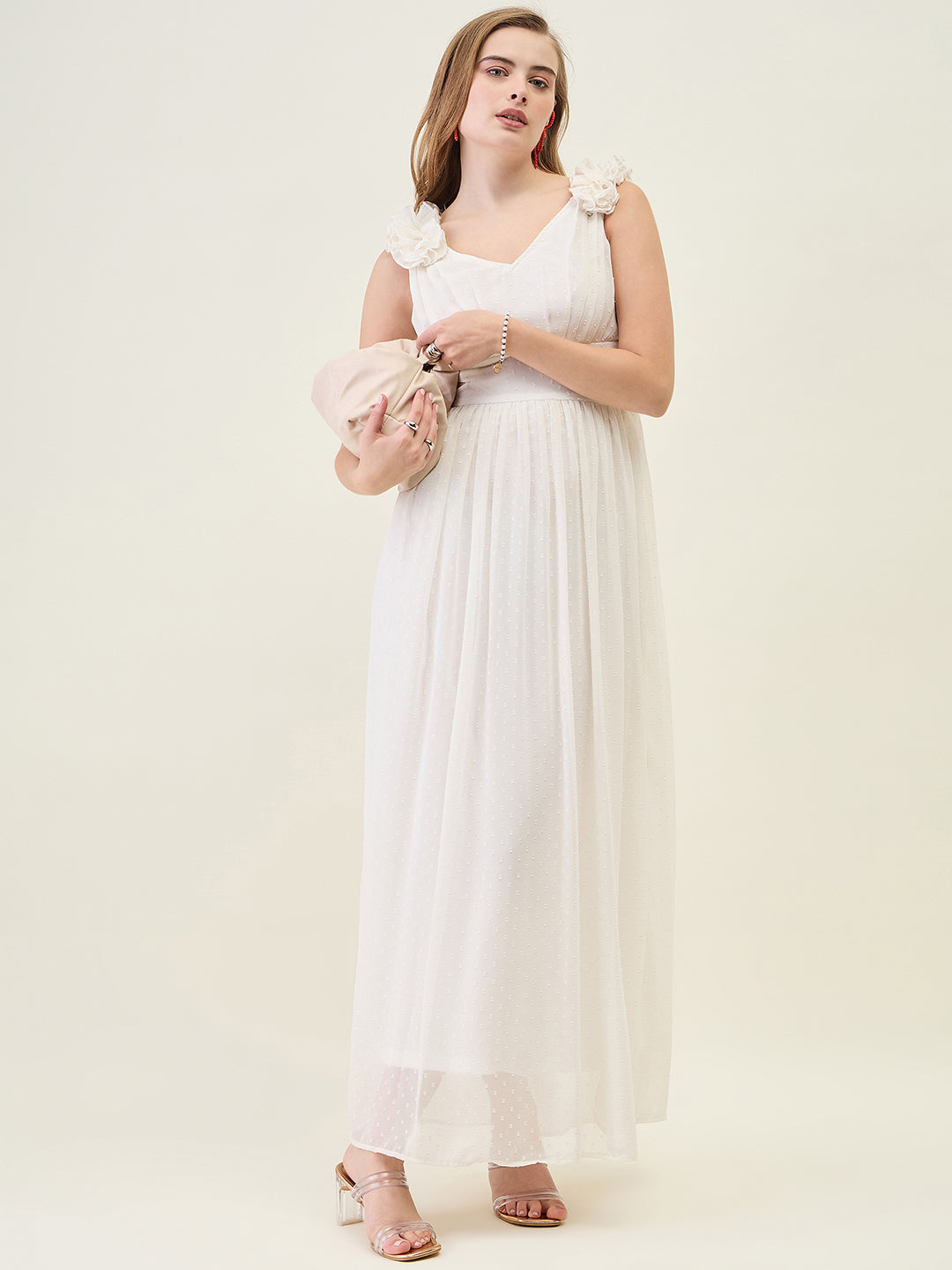 V-Neck Maxi Dress with Ruffle Shoulders and Cut-Outs