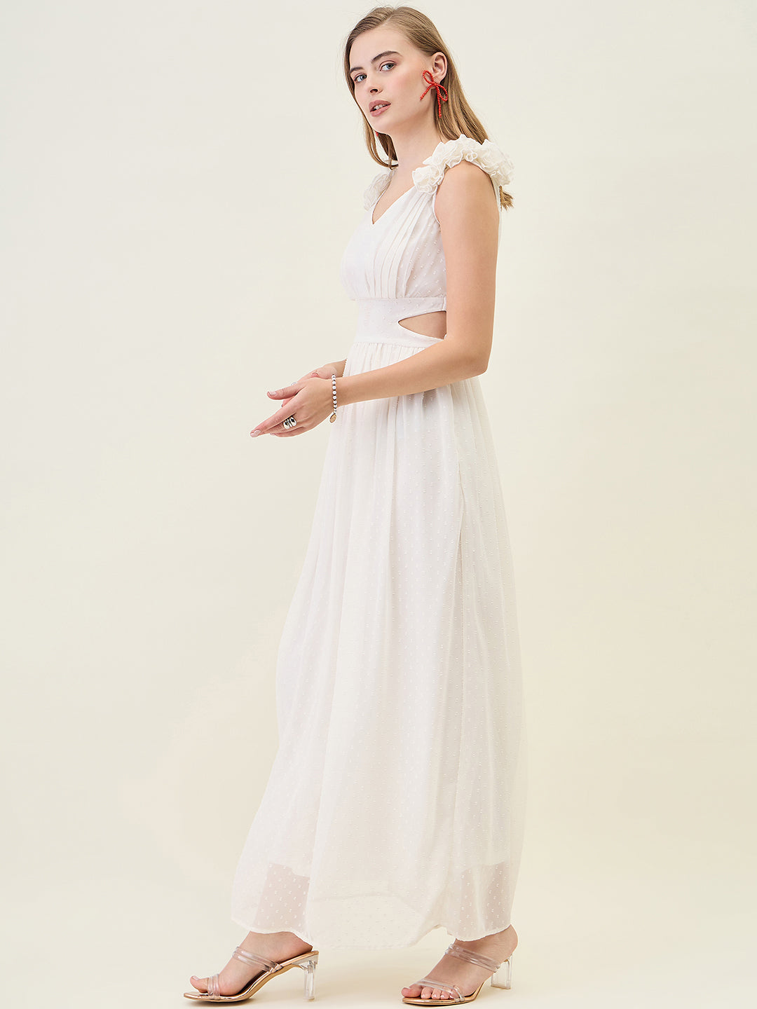 V-Neck Maxi Dress with Ruffle Shoulders and Cut-Outs
