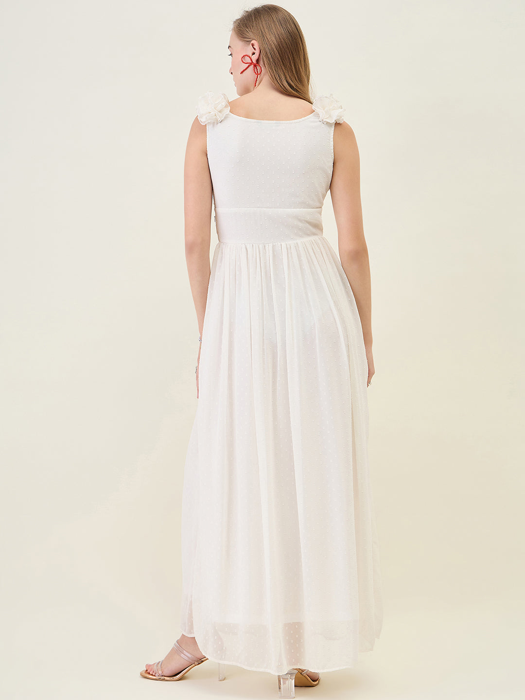 V-Neck Maxi Dress with Ruffle Shoulders and Cut-Outs