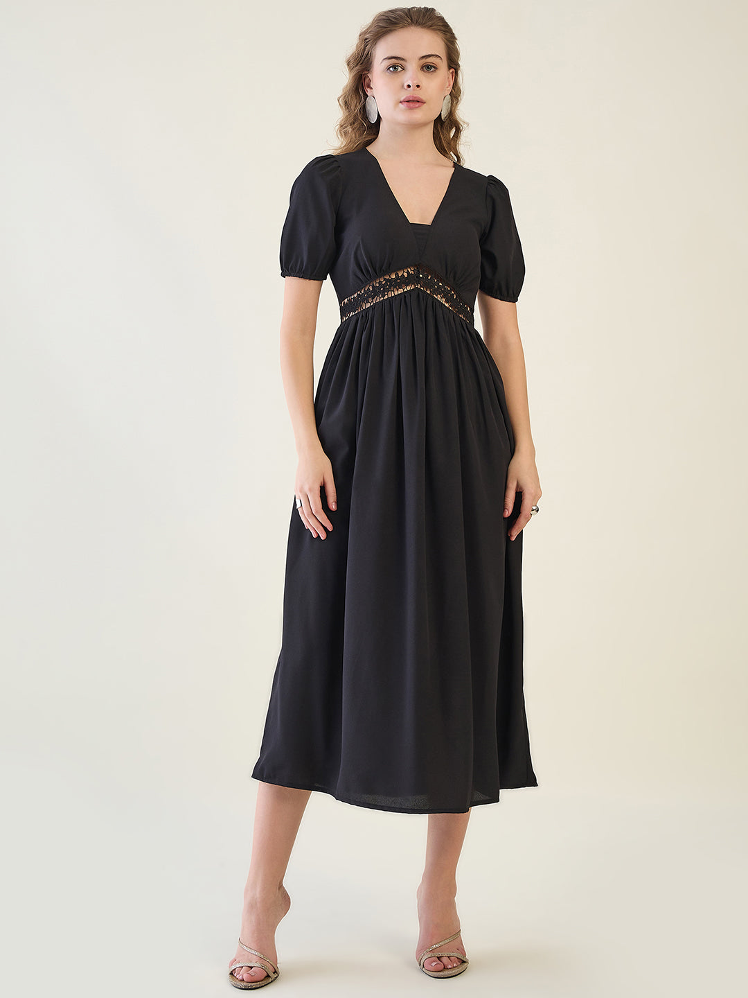 V-Neck Midi Dress with Lace Waist Detail