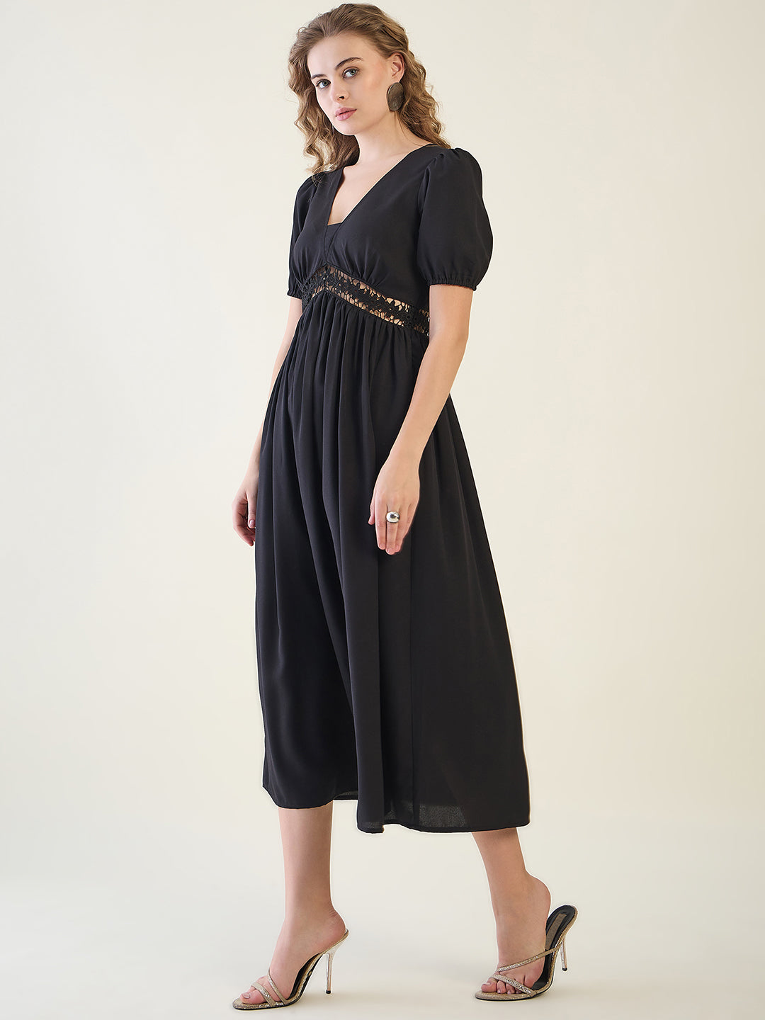 V-Neck Midi Dress with Lace Waist Detail