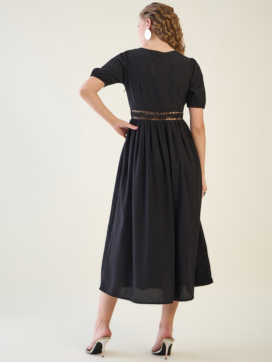 V-Neck Midi Dress with Lace Waist Detail