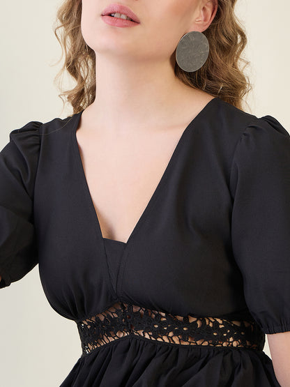 V-Neck Midi Dress with Lace Waist Detail