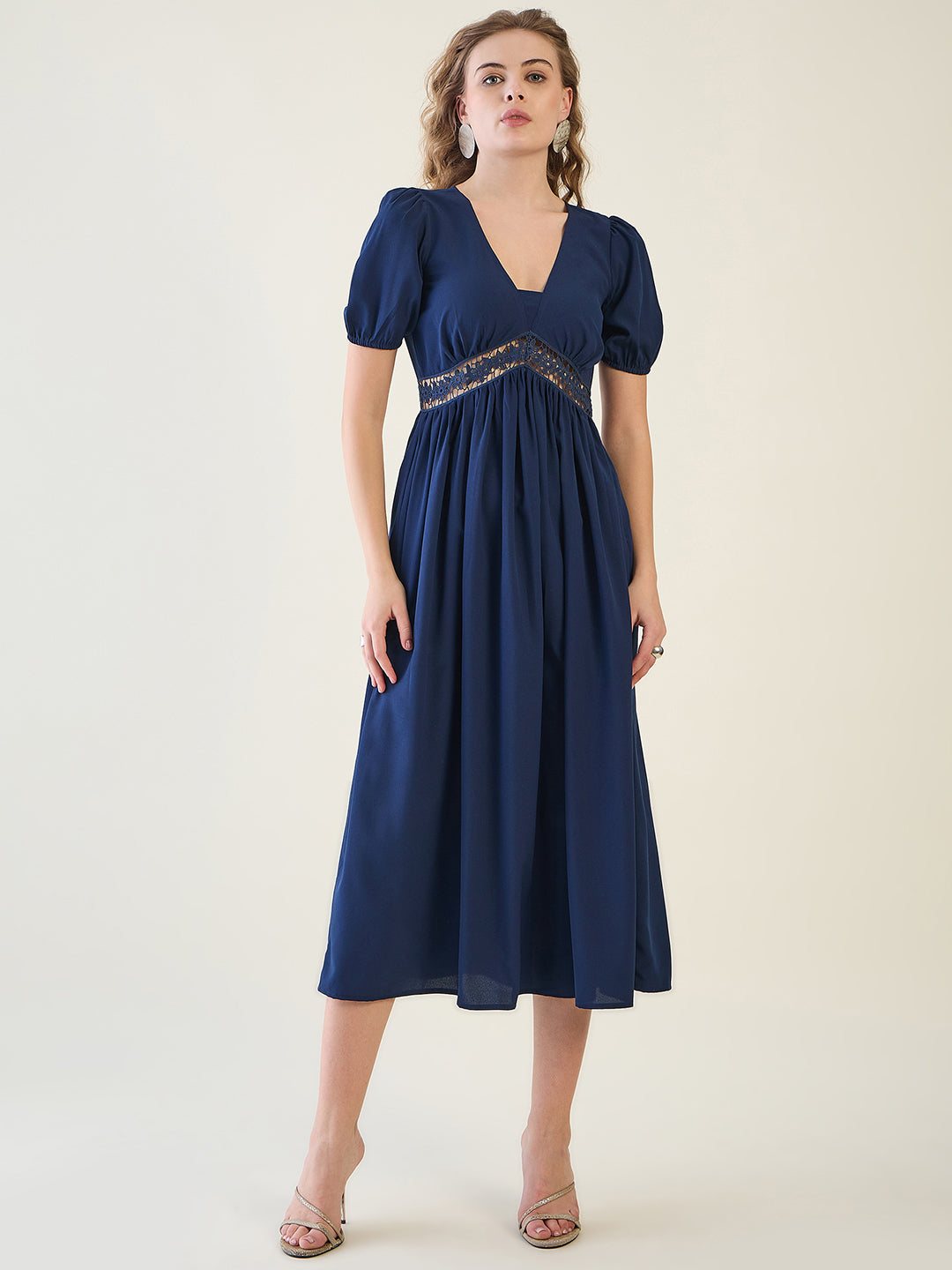 V-Neck Midi Dress with Lace Waist Detail