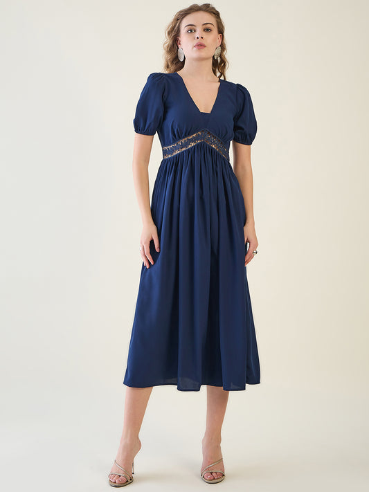 V-Neck Midi Dress with Lace Waist Detail