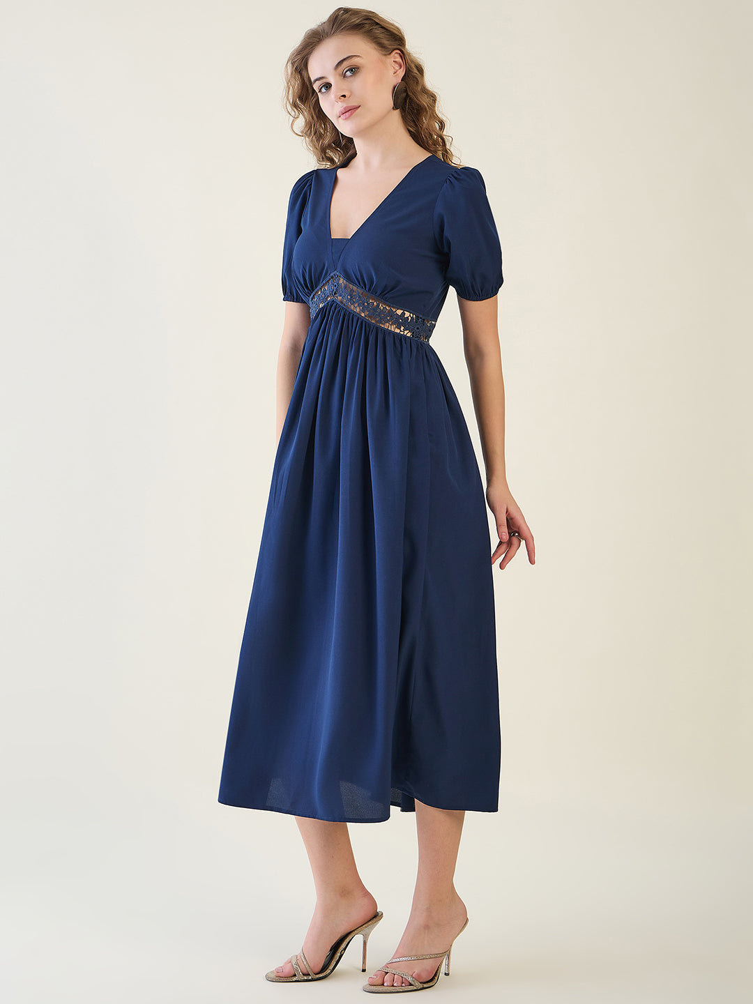 V-Neck Midi Dress with Lace Waist Detail