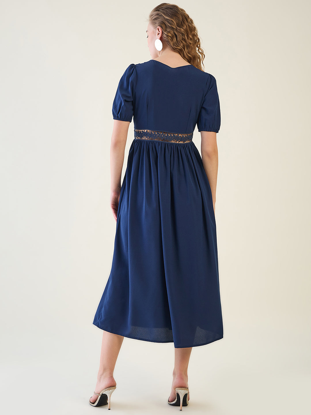 V-Neck Midi Dress with Lace Waist Detail