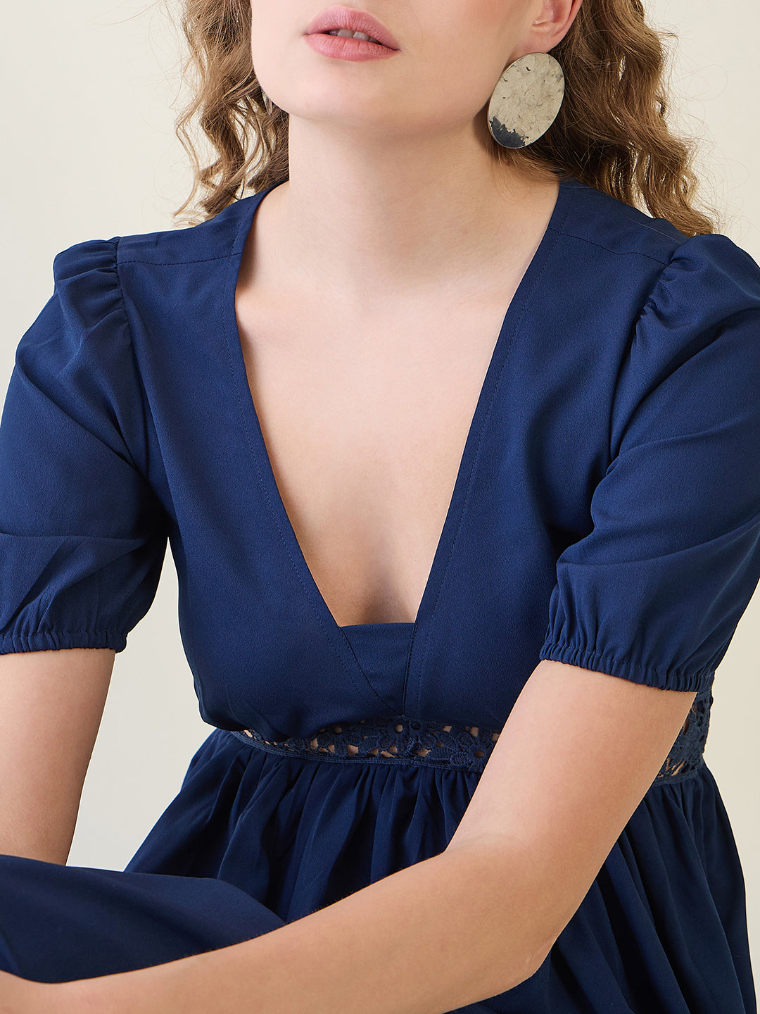 V-Neck Midi Dress with Lace Waist Detail